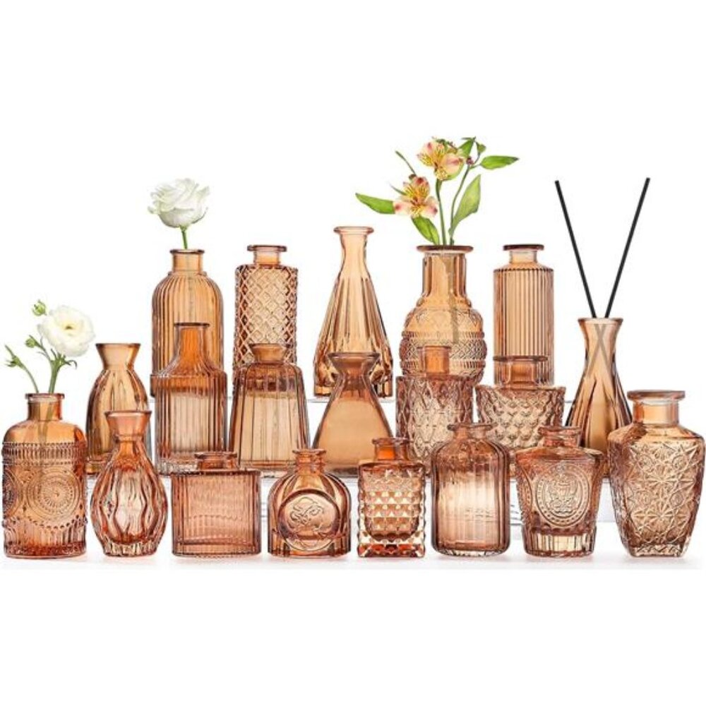 Amber Glass Bud Vases -Set of 20 for Flowers, Small Amber Bud Vases in Bulk for